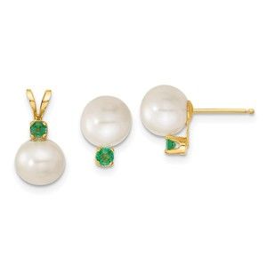 14k Yellow Gold 7-8mm White FWC Pearl & Green Emerald Stud Earrings & Pendant